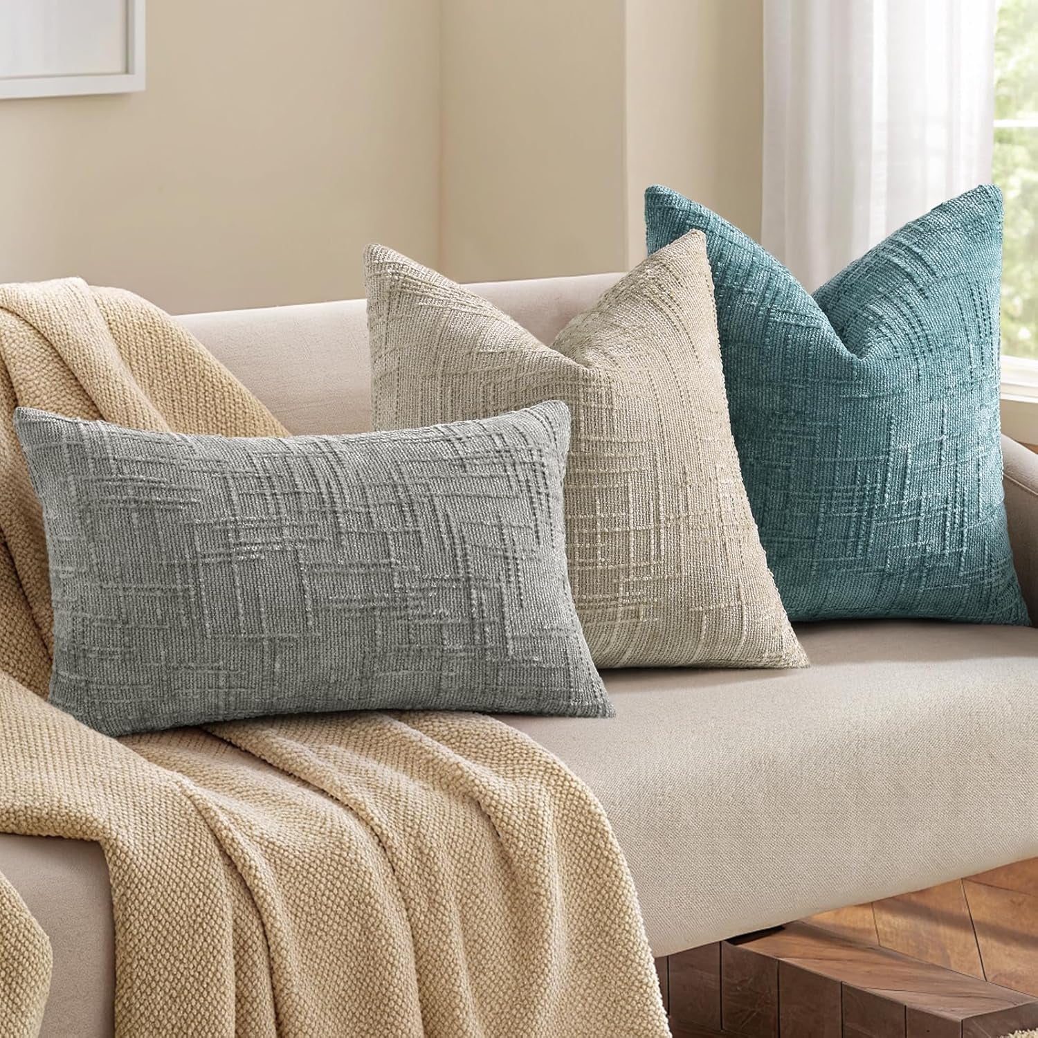 Textured Chenille Throw Pillow Covers 18X18 Set of 2 Teal | Fall Modern Farmhouse Soft Cozy Slubby Couch Pillow Cases Boho Decorative Pillow Cases for Bed Sofa Living Room Home Decor