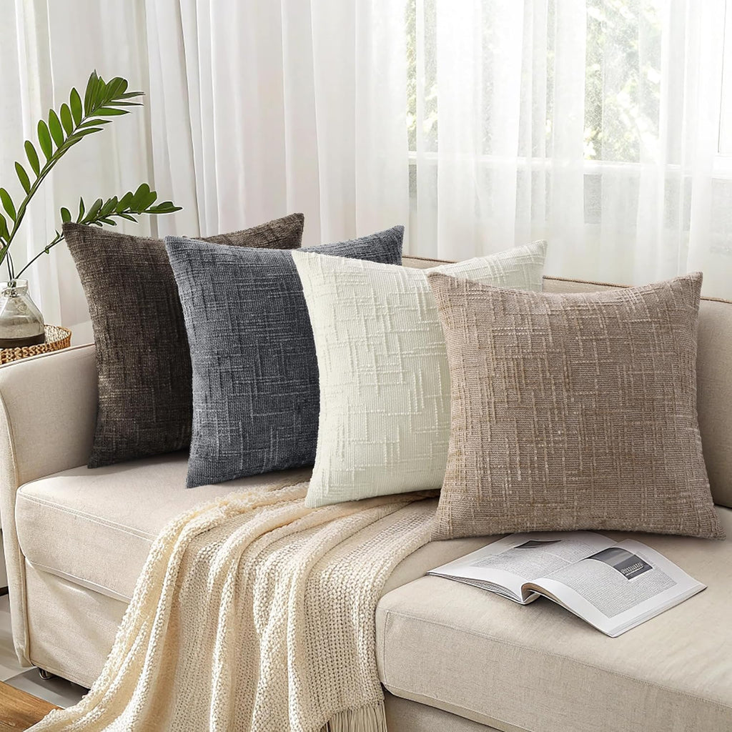 Textured Chenille Throw Pillow Covers 18X18 Set of 2 Oatmeal | Fall Modern Farmhouse Soft Cozy Slubby Couch Pillow Cases Boho Decorative Pillow Cases for Bed Sofa Living Room Home Decor