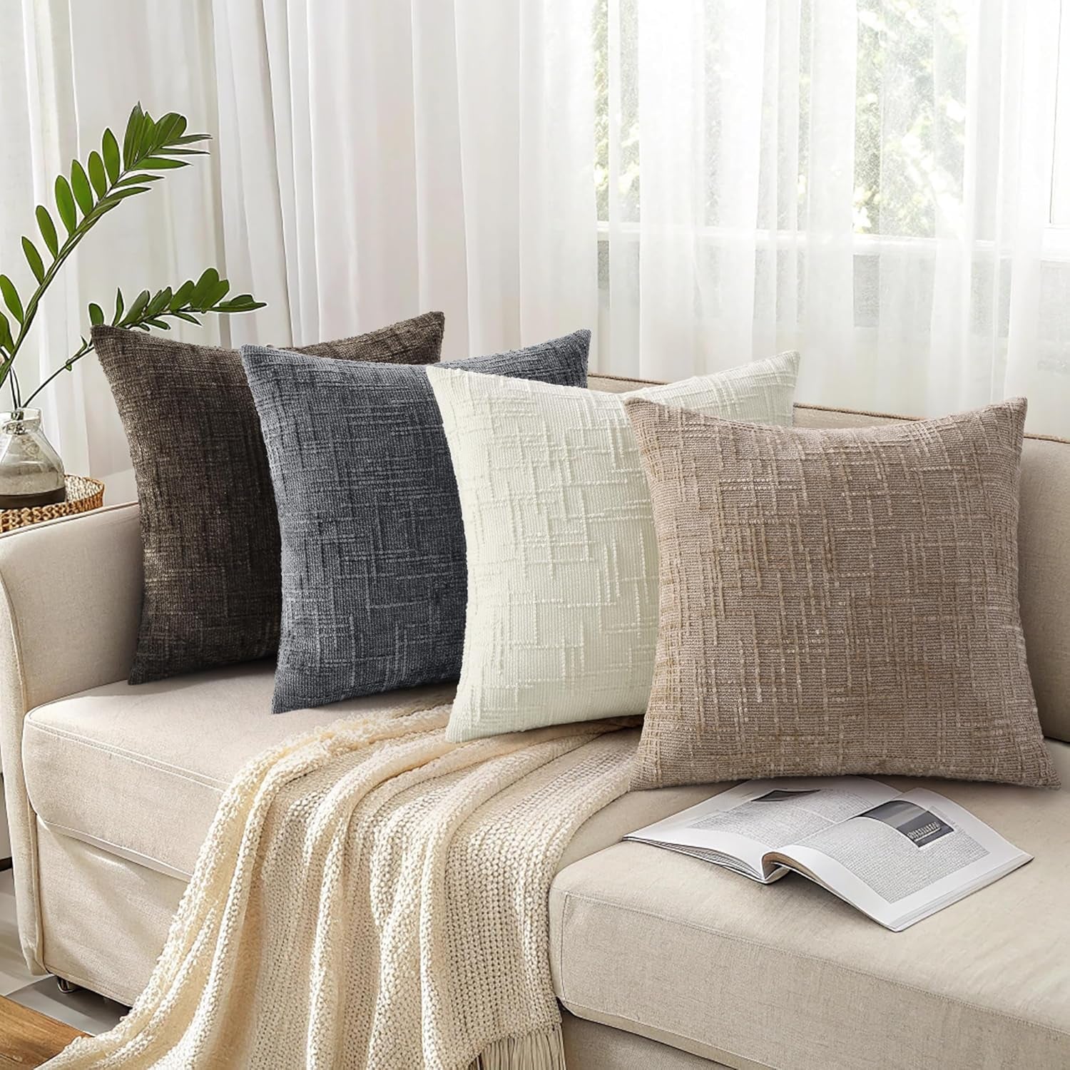 Textured Chenille Throw Pillow Covers 18X18 Set of 2 Oatmeal | Fall Modern Farmhouse Soft Cozy Slubby Couch Pillow Cases Boho Decorative Pillow Cases for Bed Sofa Living Room Home Decor