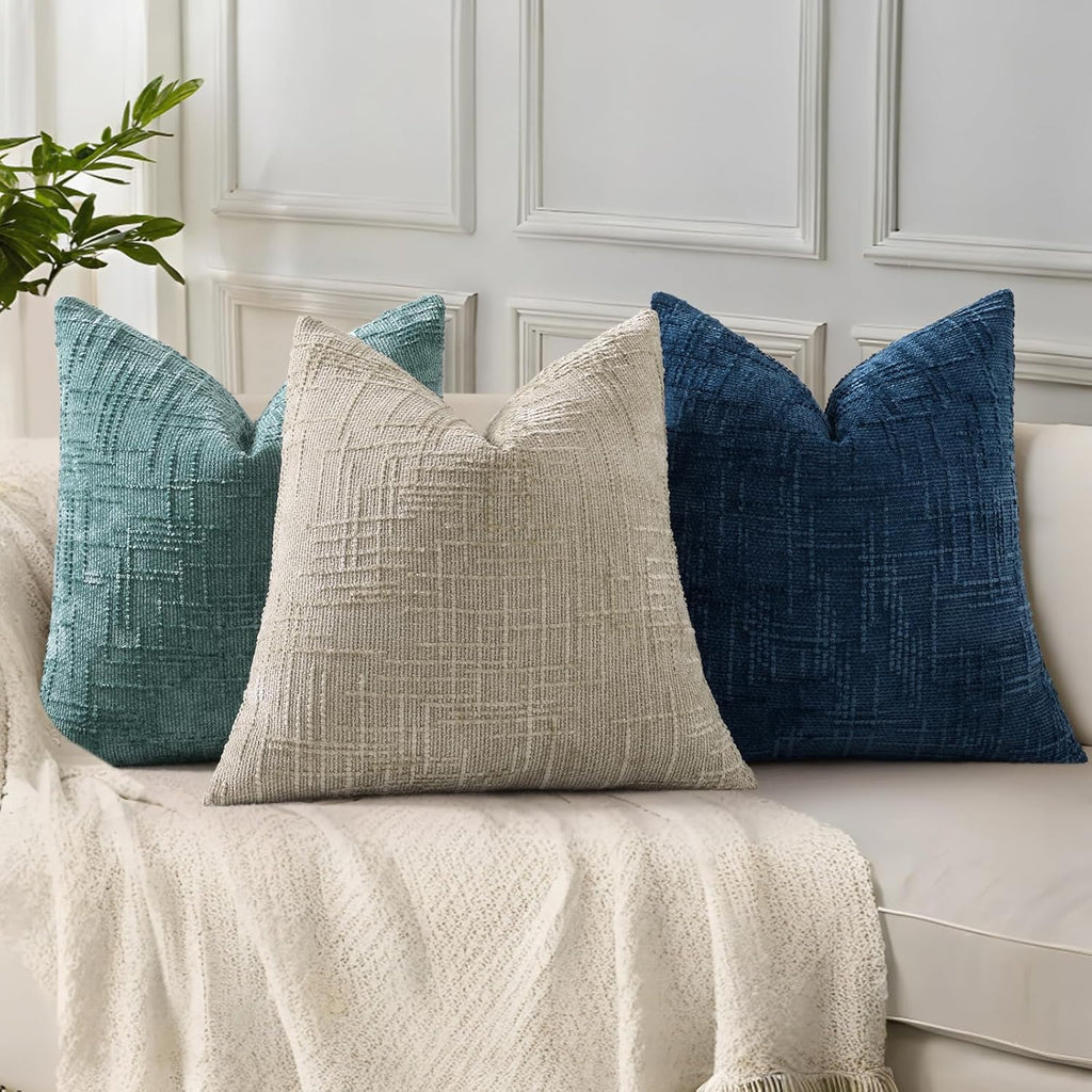 Textured Chenille Throw Pillow Covers 18X18 Set of 2 Teal | Fall Modern Farmhouse Soft Cozy Slubby Couch Pillow Cases Boho Decorative Pillow Cases for Bed Sofa Living Room Home Decor