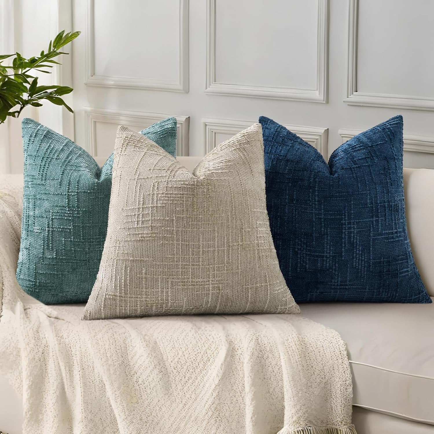 Textured Chenille Throw Pillow Covers 18X18 Set of 2 Teal | Fall Modern Farmhouse Soft Cozy Slubby Couch Pillow Cases Boho Decorative Pillow Cases for Bed Sofa Living Room Home Decor