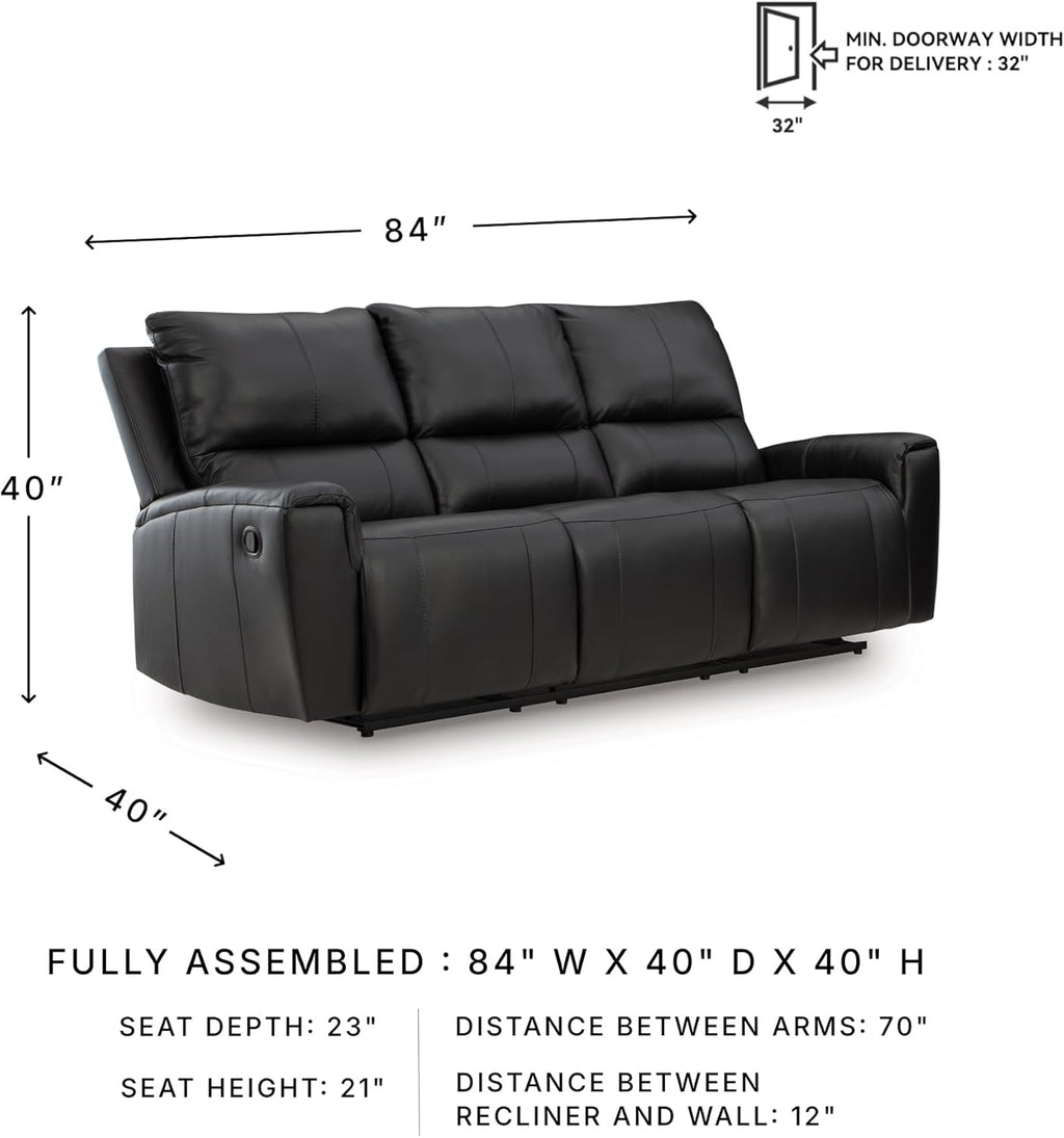 Signature Design by Ashley Glassmere 3-Seat Leather Reclining Sofa, Black | 100% Top Grain Leather Contact Areas, Matching Faux Leather Sides, 3-Seat Sofa Design, Contemporary Living Room Style