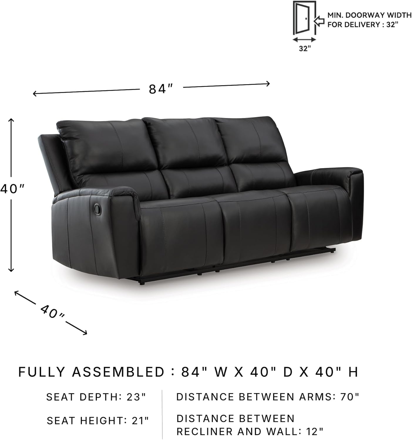 Signature Design by Ashley Glassmere 3-Seat Leather Reclining Sofa, Black | 100% Top Grain Leather Contact Areas, Matching Faux Leather Sides, 3-Seat Sofa Design, Contemporary Living Room Style
