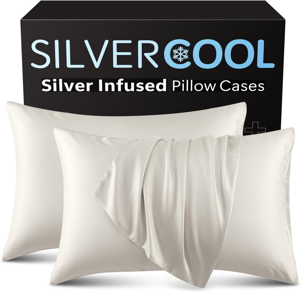 Silver Infused Pillowcases – Cooling Pillow Cases with Silk, Softness Breathable Temperature-Regulating Pillow Cover, Odor Control Freshness Sleep for Hot Sleepers - King 20"X36”, 2 Pack, White