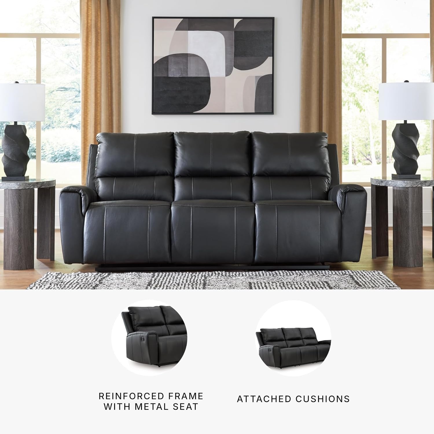 Signature Design by Ashley Glassmere 3-Seat Leather Reclining Sofa, Black | 100% Top Grain Leather Contact Areas, Matching Faux Leather Sides, 3-Seat Sofa Design, Contemporary Living Room Style