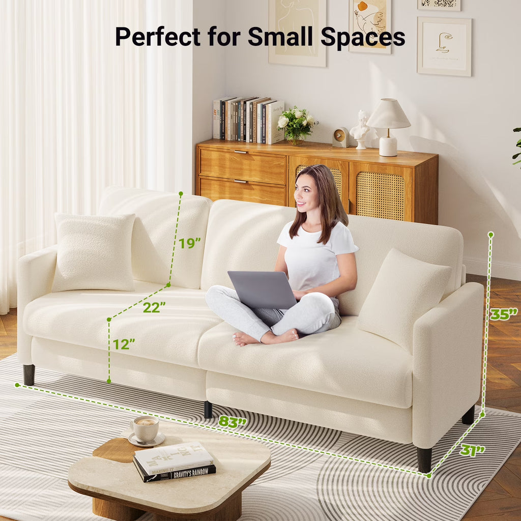 83" Comfortable Upholstered Sofa, 3 Seater Couch for Living Room,  Big Loveseat with Extra Deep Seats , 2 Pillows, Beige White