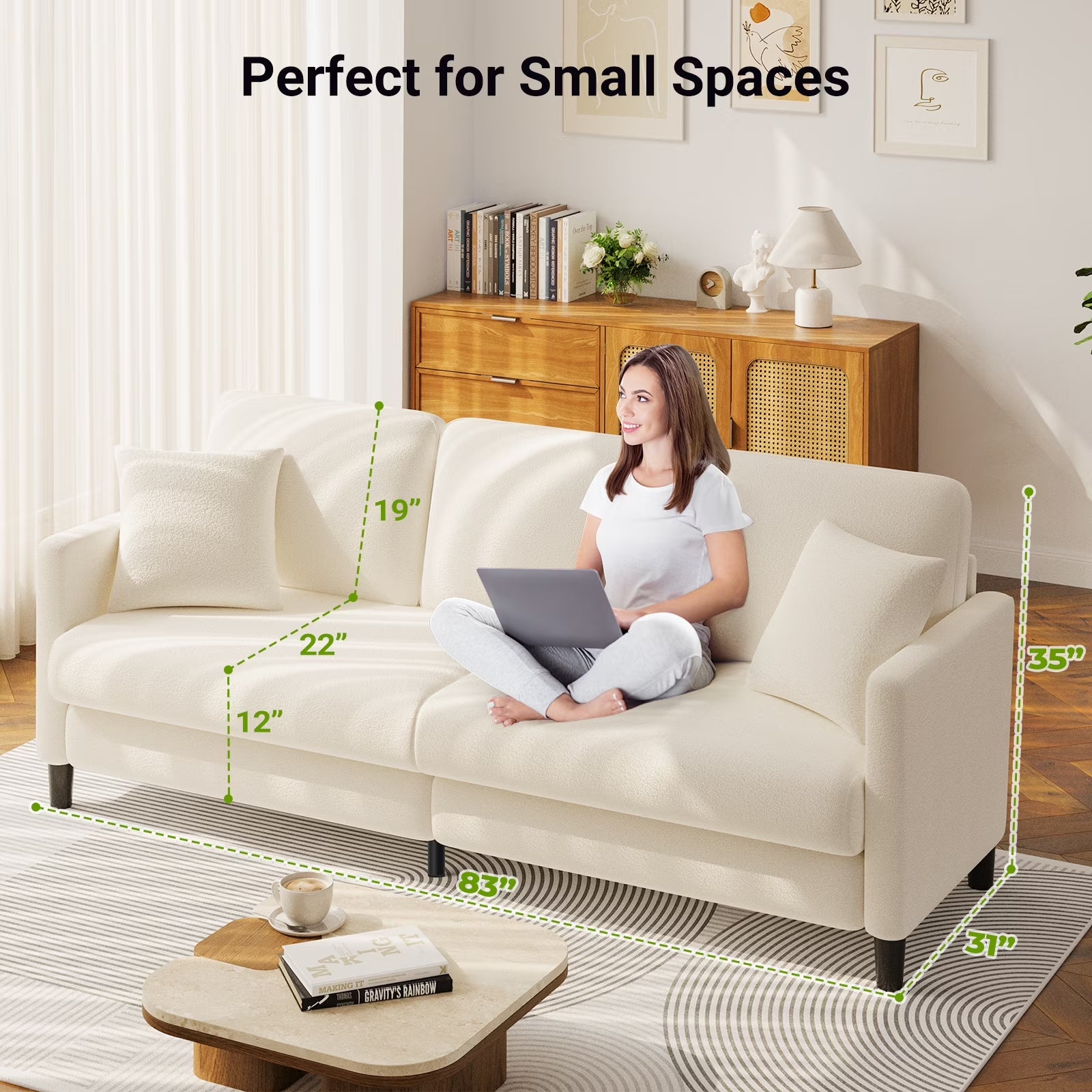 83" Comfortable Upholstered Sofa, 3 Seater Couch for Living Room,  Big Loveseat with Extra Deep Seats , 2 Pillows, Beige White
