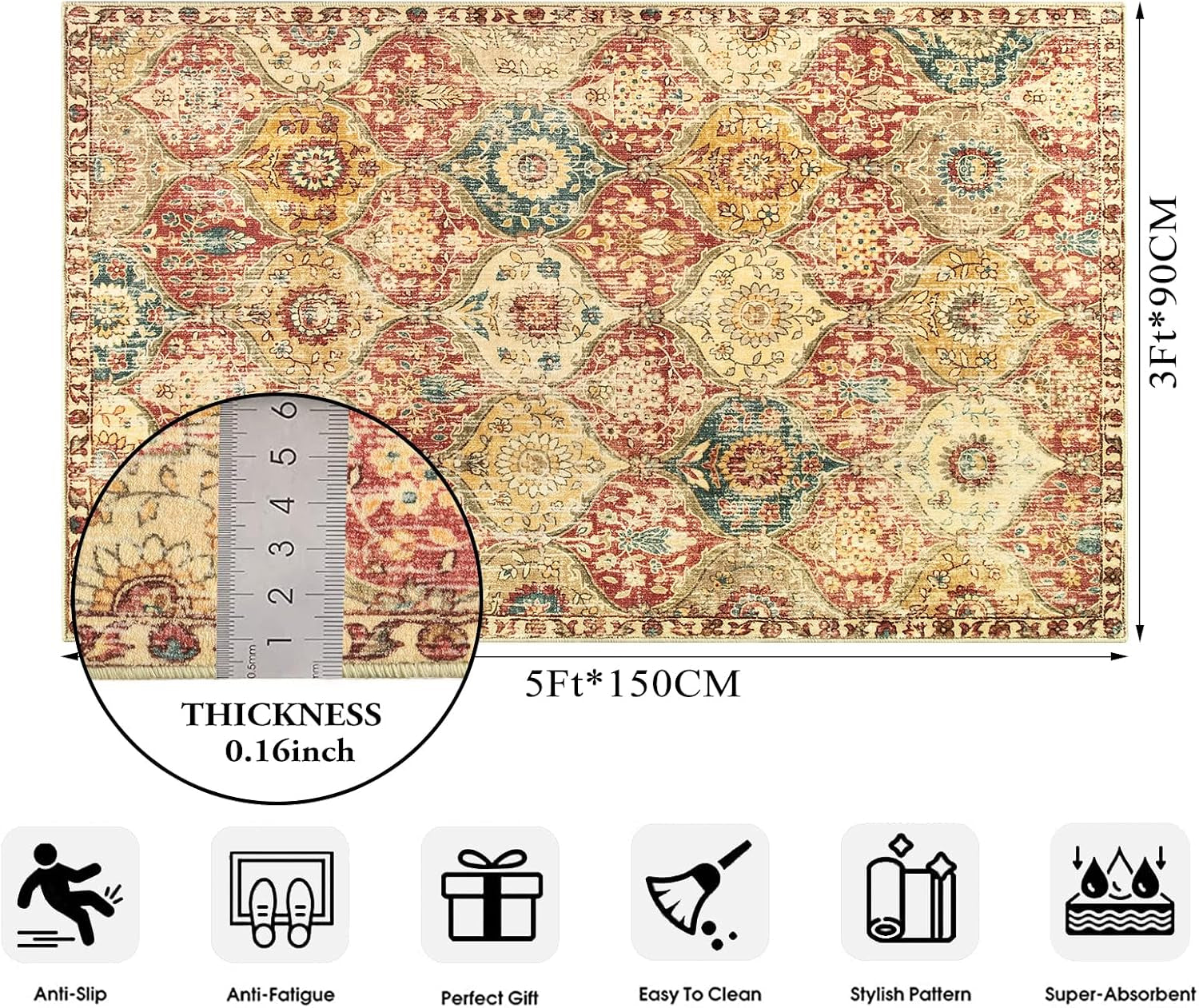 Moroccan Trellis Washable Small Area Rug, 3X5 Area Rug for Bedroom Living Room, Non-Slip Oriental Accent Throw Carpet for Kitchen Office Entryway Bathroom Office Elise, Red/Orange