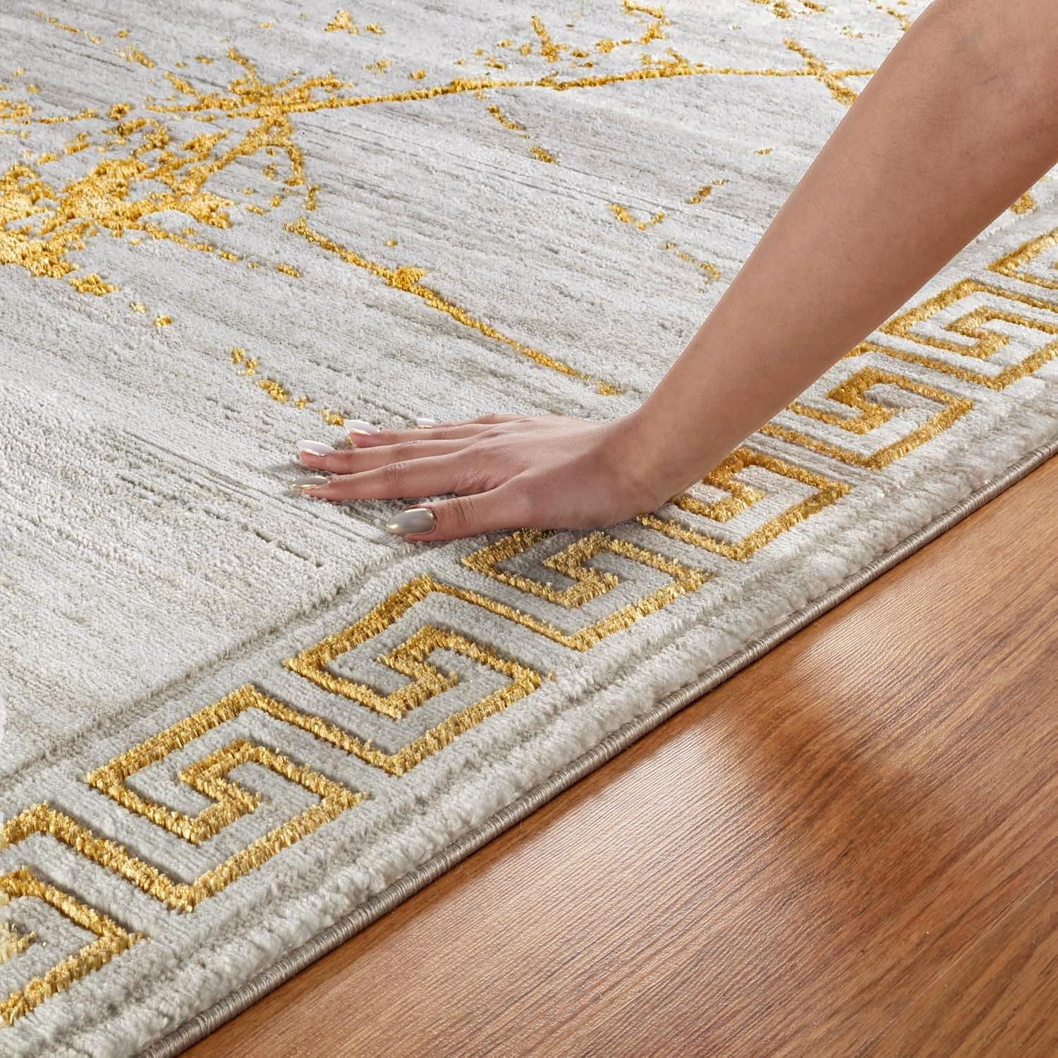 Area Rugs Marble 2X7 Cream Gold Carpet Modern Abstract Rug Living Room Dining Bedroom Rug