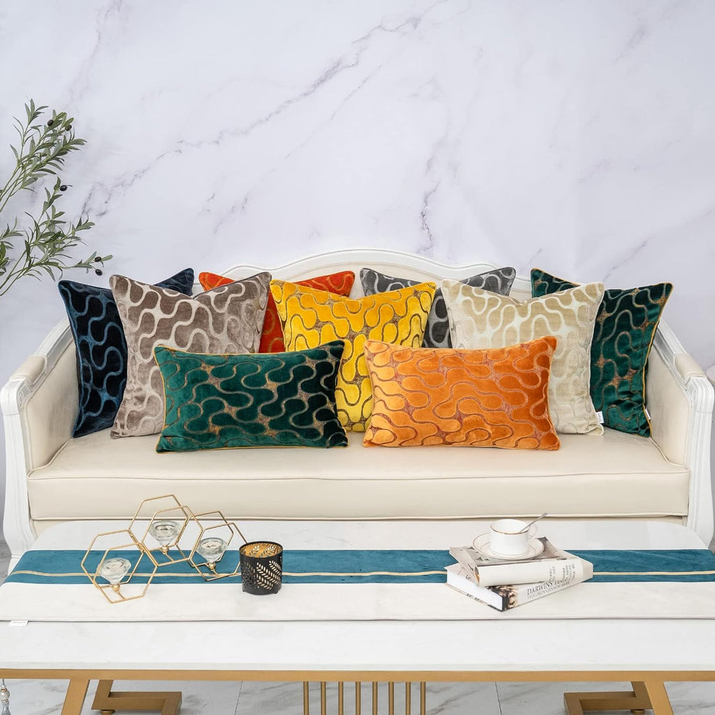 Beige Square Throw Pillow Cover Wavy Velvet Cushion Cover Modern Zippered Pillowcase for Sofa Couch Bedroom Living Room Chair, 18 X 18 Inch