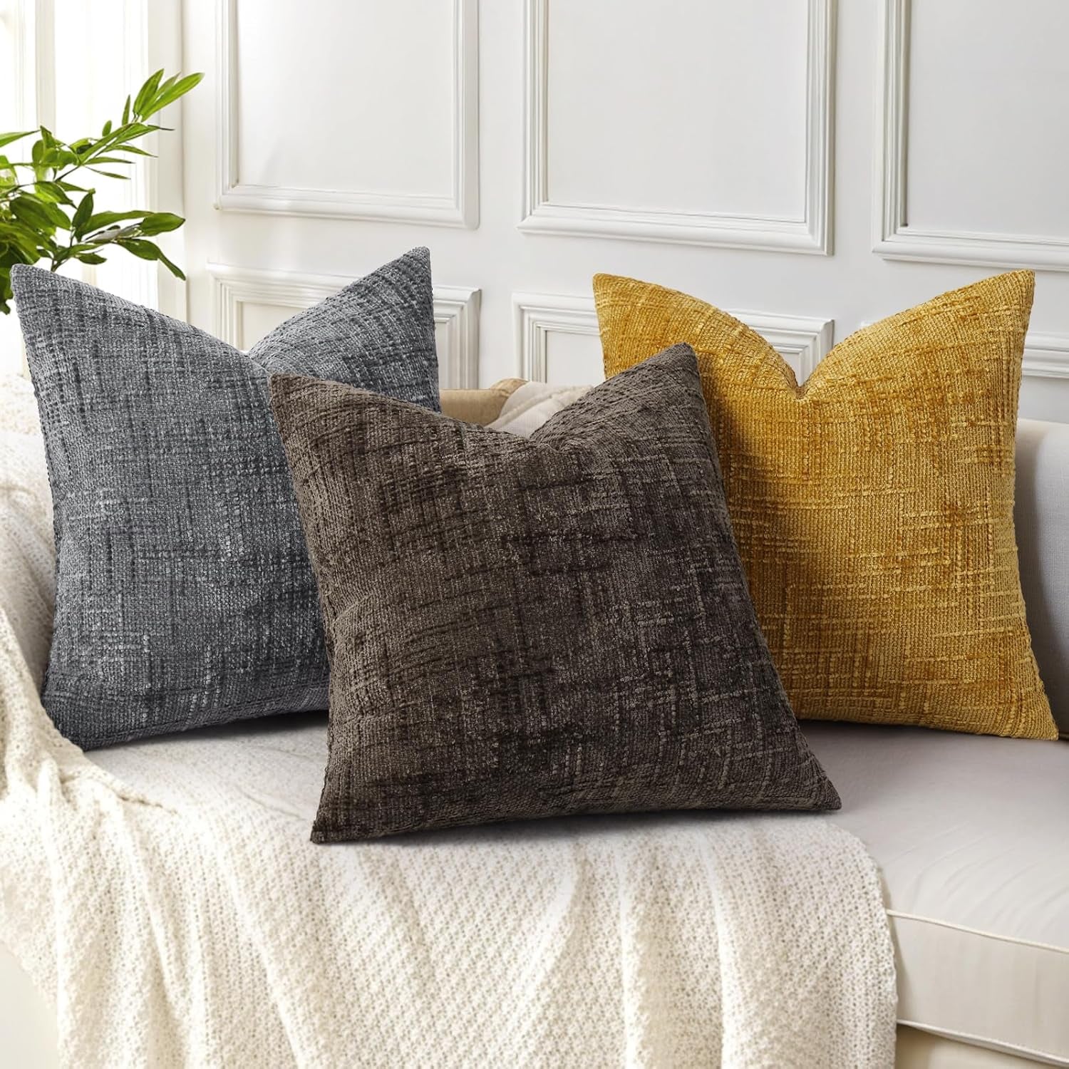 Textured Chenille Throw Pillow Covers 18X18 Set of 2 Dark Brown | Fall Modern Farmhouse Soft Cozy Slubby Couch Pillow Cases Boho Decorative Pillow Cases for Bed Sofa Living Room Home Decor