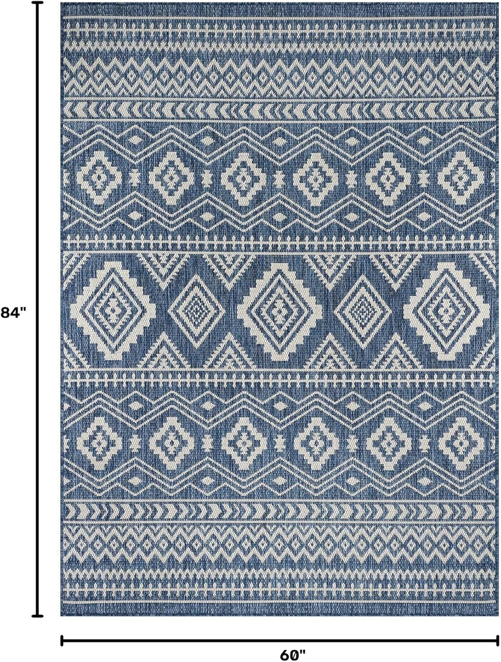 Waikiki Boho Indoor Outdoor Rug 5X7, Washable outside Carpet for Patio, Deck, Porch, Bohemian Area Rug, Farmhouse Rugs, Aztec Tribal Rug, Azure and White