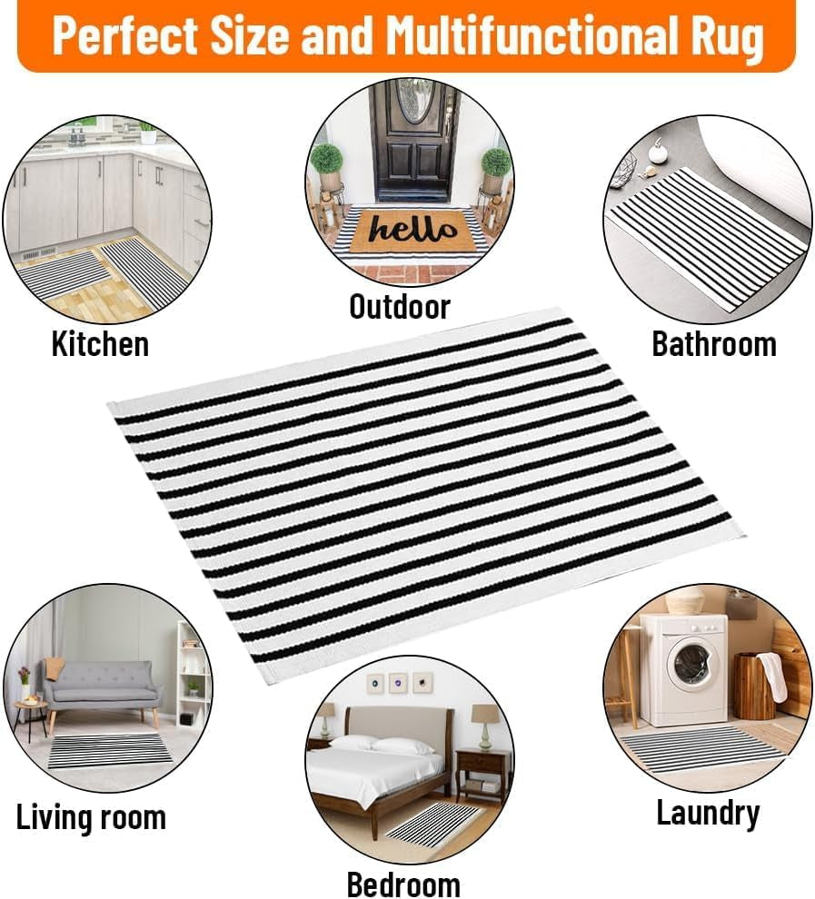 Small Black and White Layering Front Doormat Rug 2X4.3Ft Striped Outdoor Porch Rug Cotton Woven Carpet Layered under Mats Rugs for Front Door Farmhouse Patio Bath Welcome Decor.