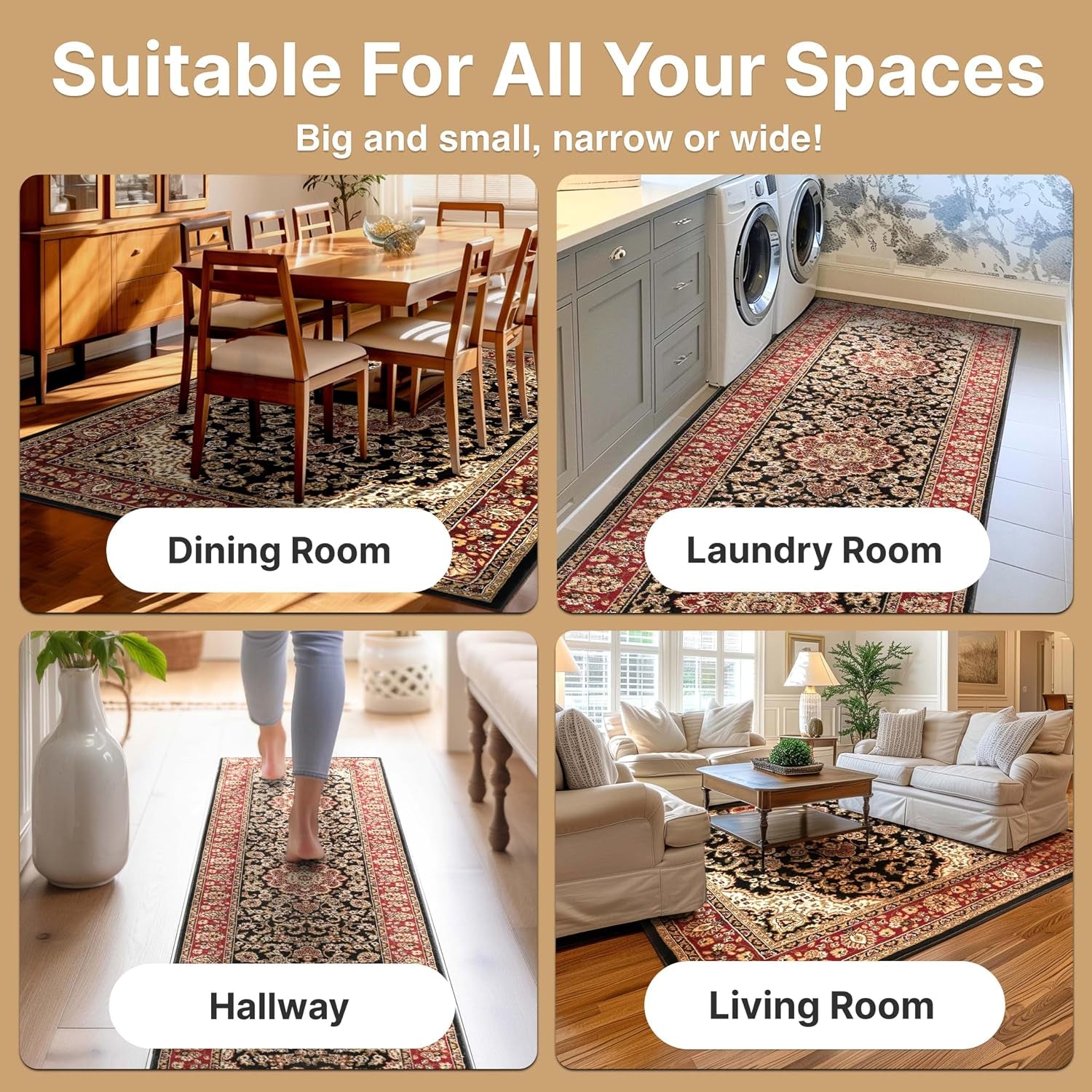 Barclay Collection Medallion Kashan Black 2X7 Runner Rug - for Hallways, Kitchens, and Entryways