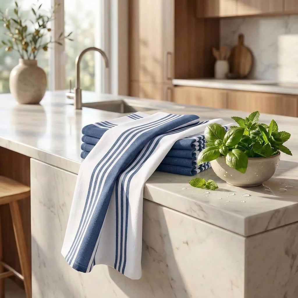Kitchen Towels 100% Cotton Dish Towels for Kitchen (Set of 6) 20”X30” Dish Cloths Highly Absorbent Kitchen Linen Set with Hanging Loop Perfect for Drying Dishes Cleaning Towels-Blue White