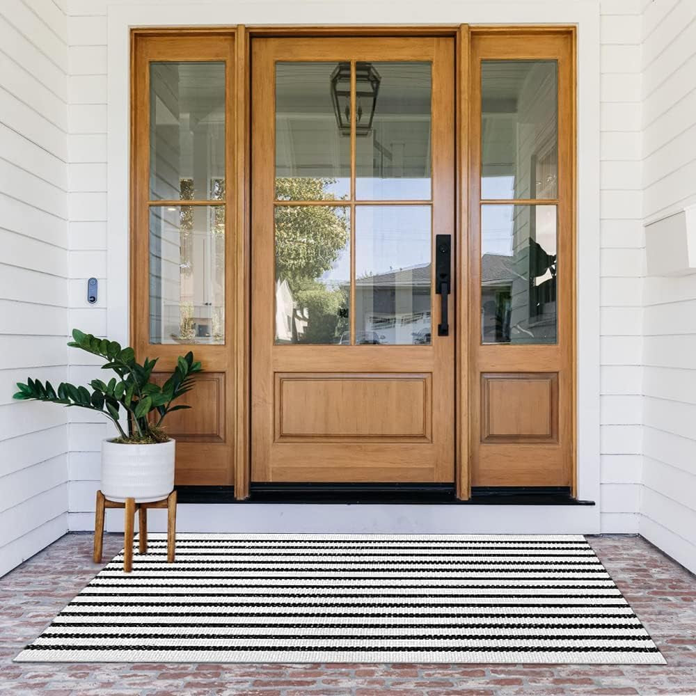 Small Black and White Layering Front Doormat Rug 2X4.3Ft Striped Outdoor Porch Rug Cotton Woven Carpet Layered under Mats Rugs for Front Door Farmhouse Patio Bath Welcome Decor.