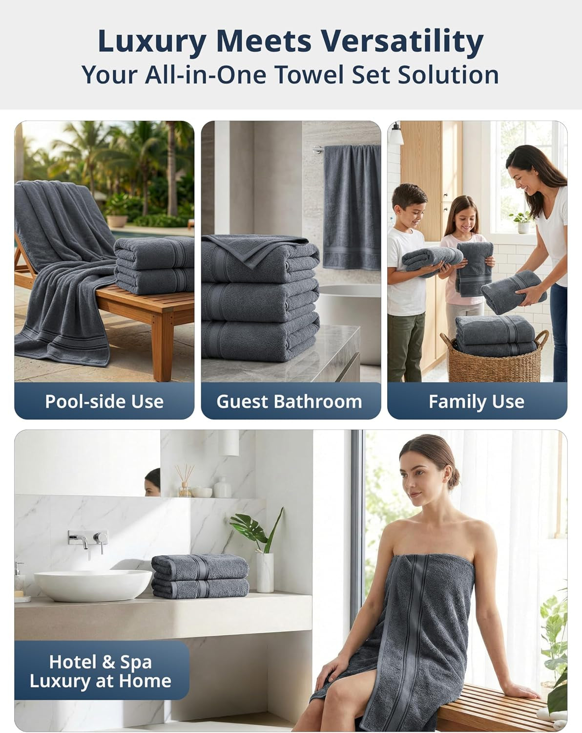 100% Cotton 4 Pack Bath Towels Set (28"X54") - Zero Twist, Large Cotton Towels for Bathroom - Quick Dry, Soft & Absorbent Bath Towel Set - Remains Soft after Multiple Washes - Cool Grey