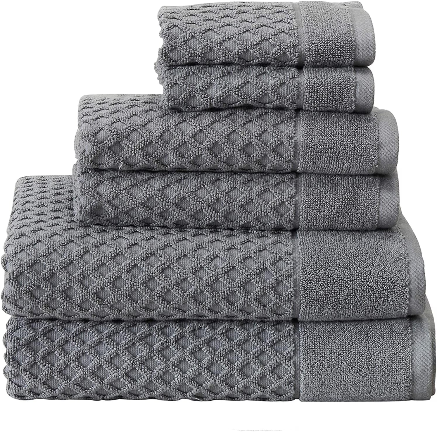 8-Piece Cotton Bath Towel Set with Diamond Waffle Design in Gray
