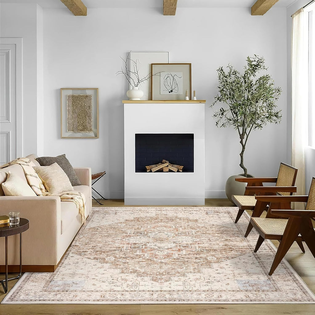 Boho Farmhouse Bedroom Rug 6X9 Washable Easy Clean Stain Resistant Vintage Country Rustic Neutral Earth Tone Area Rug for Dining Room under Table, Light Tan Brown Beige with Rust Terracotta Pattern