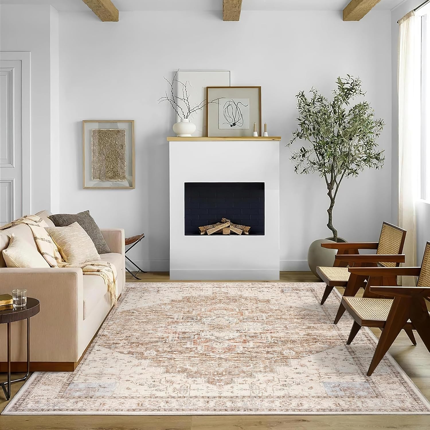 Boho Farmhouse Bedroom Rug 6X9 Washable Easy Clean Stain Resistant Vintage Country Rustic Neutral Earth Tone Area Rug for Dining Room under Table, Light Tan Brown Beige with Rust Terracotta Pattern