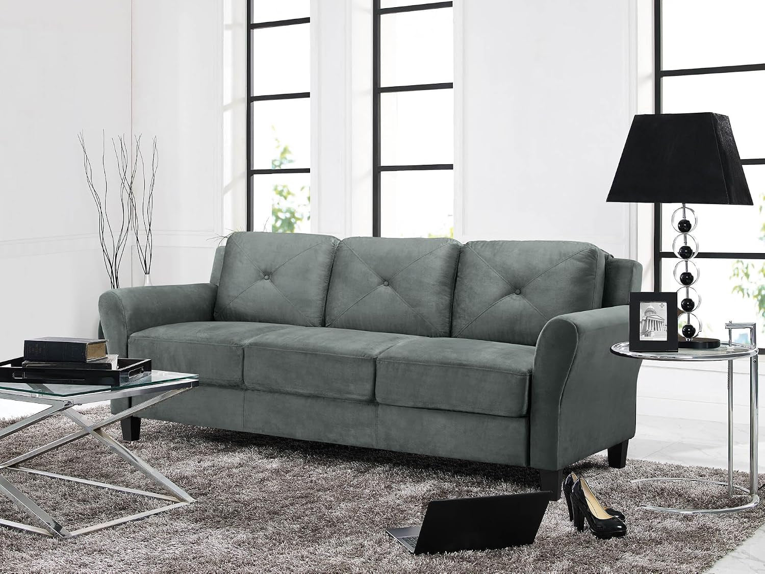 Harrington 80.3" Sofa, Transitional Modern, Pocket Coil Comfort, Easy Assembly, Microfiber Fabric, Dark Grey
