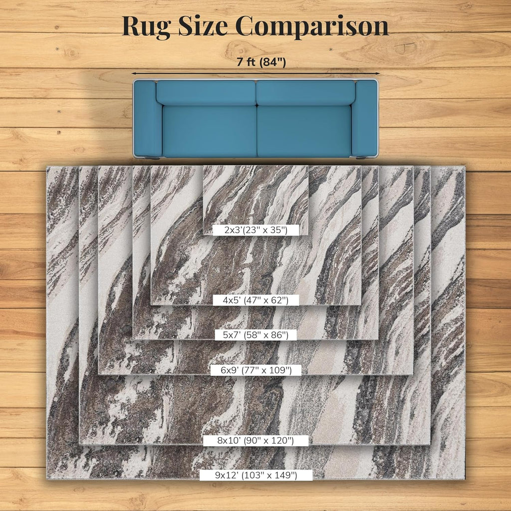 Abstract Art Deco Area Rug Grey 2X3 | Marble Swirl Pattern, Medium Pile, Living Room Carpet