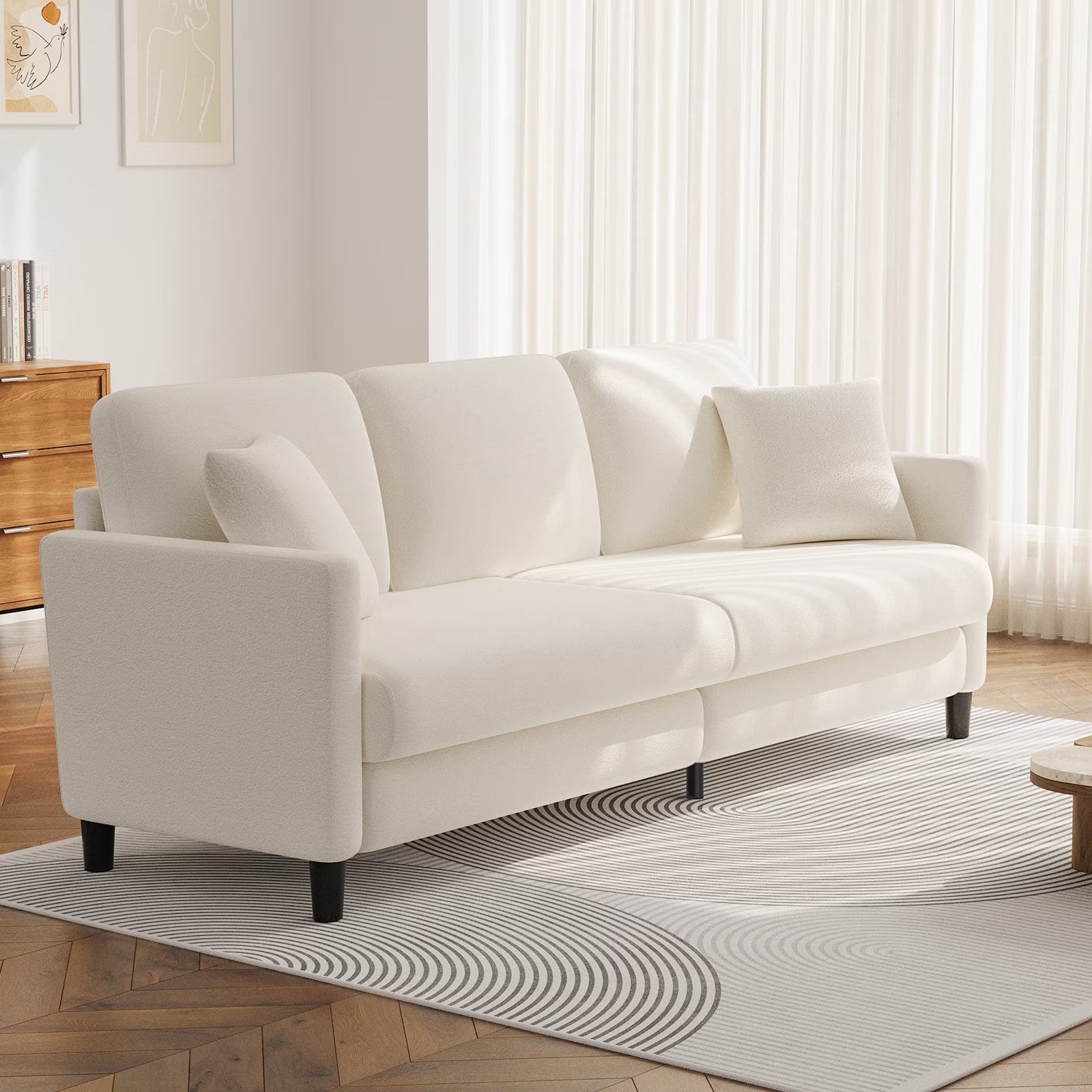 83" Comfortable Upholstered Sofa, 3 Seater Couch for Living Room,  Big Loveseat with Extra Deep Seats , 2 Pillows, Beige White