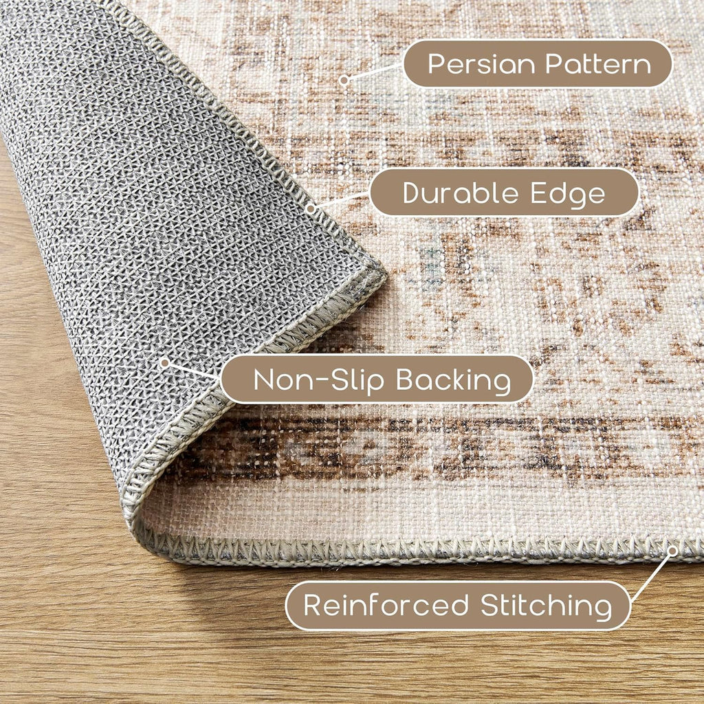 Boho Farmhouse Bedroom Rug 6X9 Washable Easy Clean Stain Resistant Vintage Country Rustic Neutral Earth Tone Area Rug for Dining Room under Table, Light Tan Brown Beige with Rust Terracotta Pattern