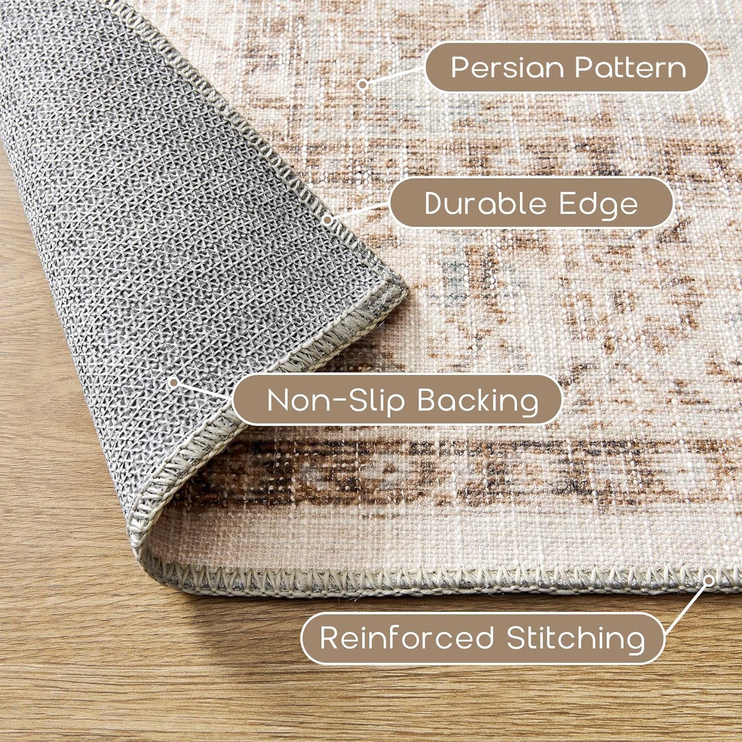 Boho Farmhouse Bedroom Rug 6X9 Washable Easy Clean Stain Resistant Vintage Country Rustic Neutral Earth Tone Area Rug for Dining Room under Table, Light Tan Brown Beige with Rust Terracotta Pattern
