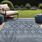 Waikiki Boho Indoor Outdoor Rug 5X7, Washable outside Carpet for Patio, Deck, Porch, Bohemian Area Rug, Farmhouse Rugs, Aztec Tribal Rug, Azure and White