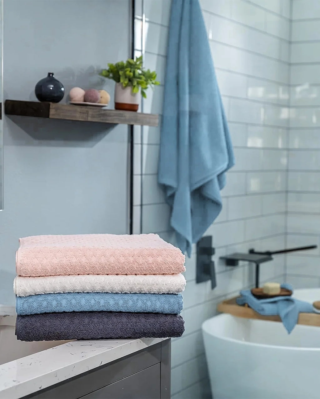 8-Piece Cotton Bath Towel Set with Diamond Waffle Design in Gray