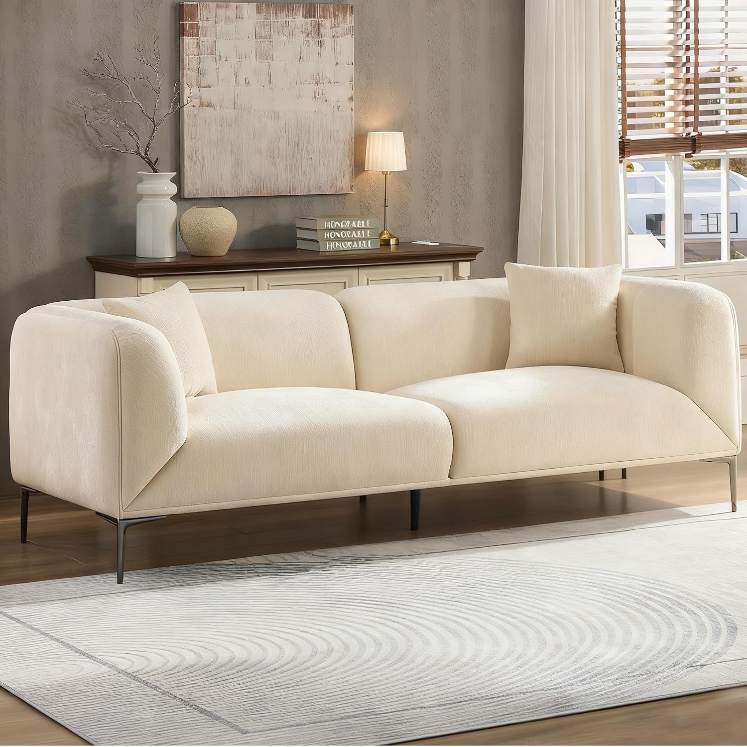 82" Modern Couch with Metal Legs, Upholstered Boucle Sofa, 3-Seater Luxury Deep Seat Sofas, Tall Minimalist Cloud Curved Sofa, Comfy Couches for Living Room Home Office Apartment, Cream