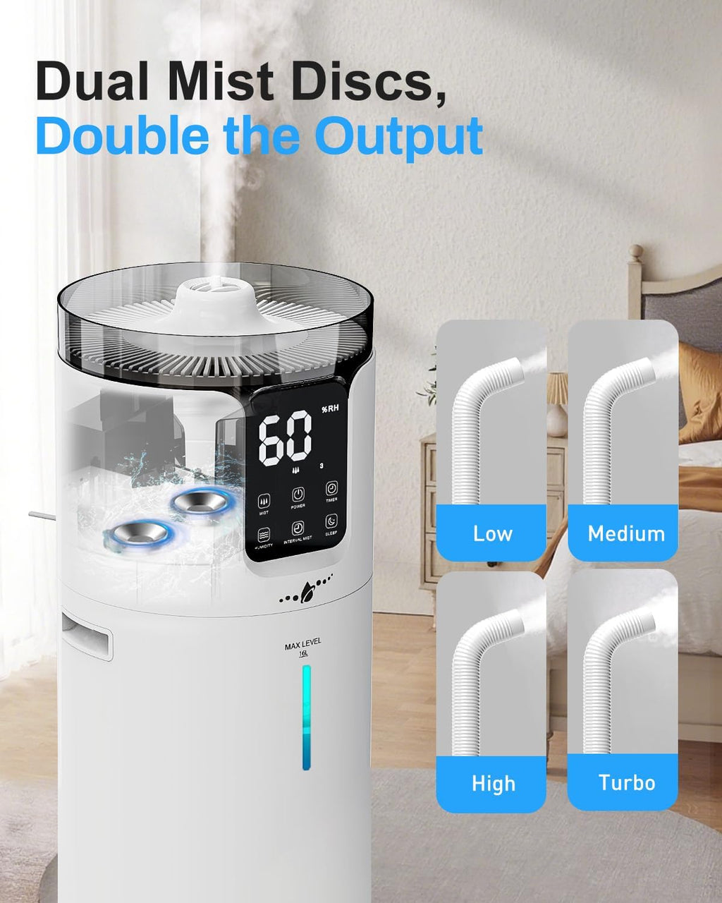 16L Smart Humidifier Large Room, Whole House Humidifier for Home 1500 Sq.Ft with App/Voice/Remote Control, Ultrasonic Cool Mist Humidifiers for Bedroom, Plants, Office with Tube, White