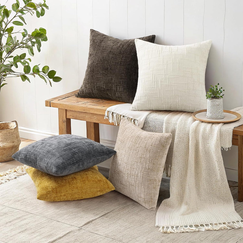 Textured Chenille Throw Pillow Covers 18X18 Set of 2 Cream White | Fall Modern Farmhouse Soft Cozy Slubby Couch Pillow Cases Boho Decorative Pillow Cases for Bed Sofa Living Room Home Decor