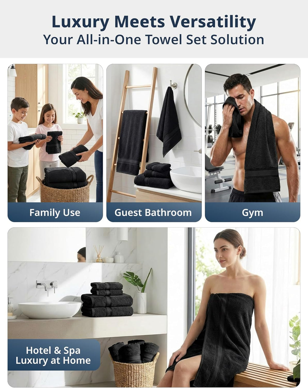 Luxury Bath Towels Set - 6 Piece Set, 100% Cotton Bathroom Towels, Zero Twist, Quick Dry Shower Towels, Absorbent Bath Towel, Super Soft, 2 Bath Towels, 2 Hand Towels, 2 Wash Cloths - Black