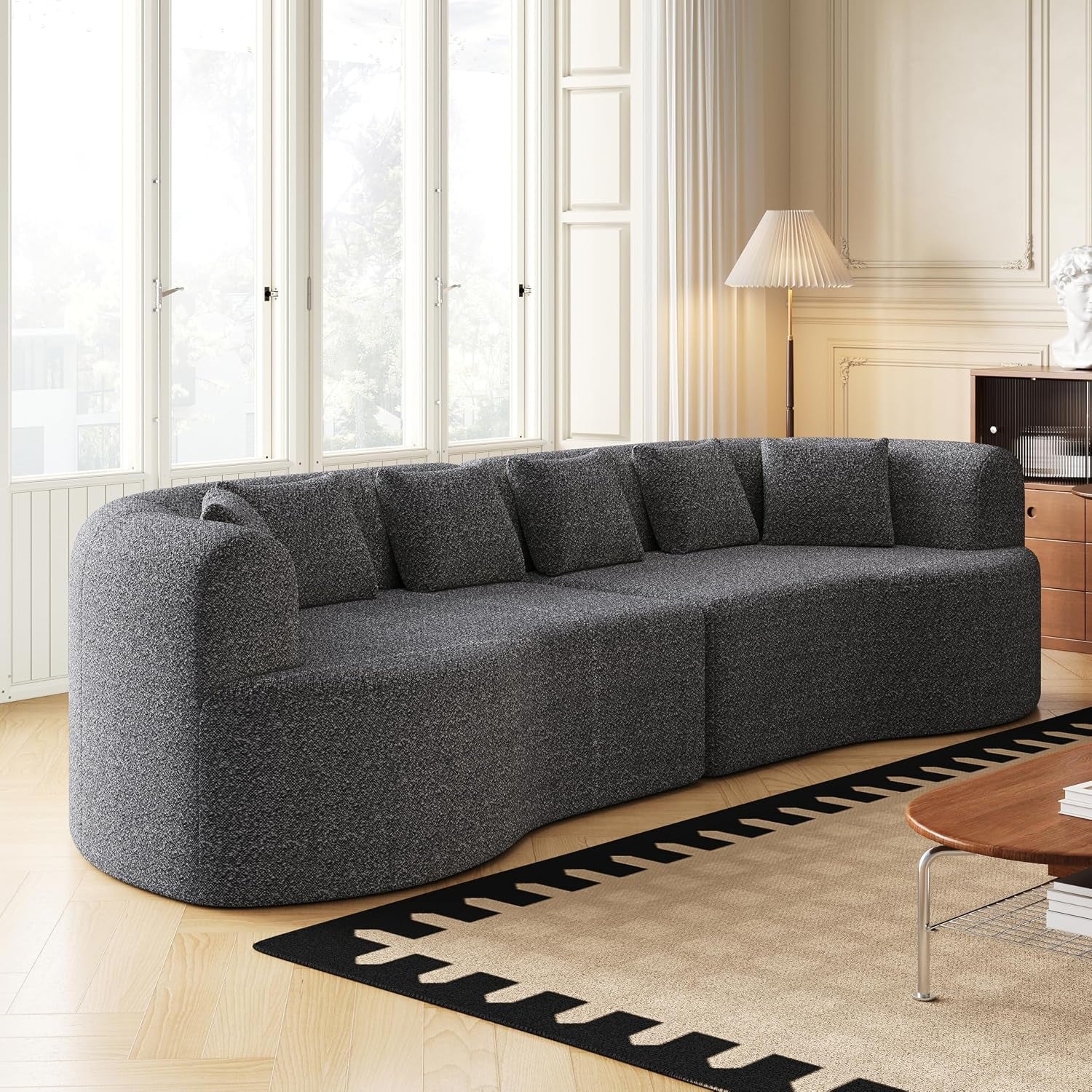 106.3" Curved Sectional Sofa, Oversized Cloud Couch with 6 Pillows, Deep Seat Sofa for Living Room, Guest, Bedroom, No Assembly Required, Gray