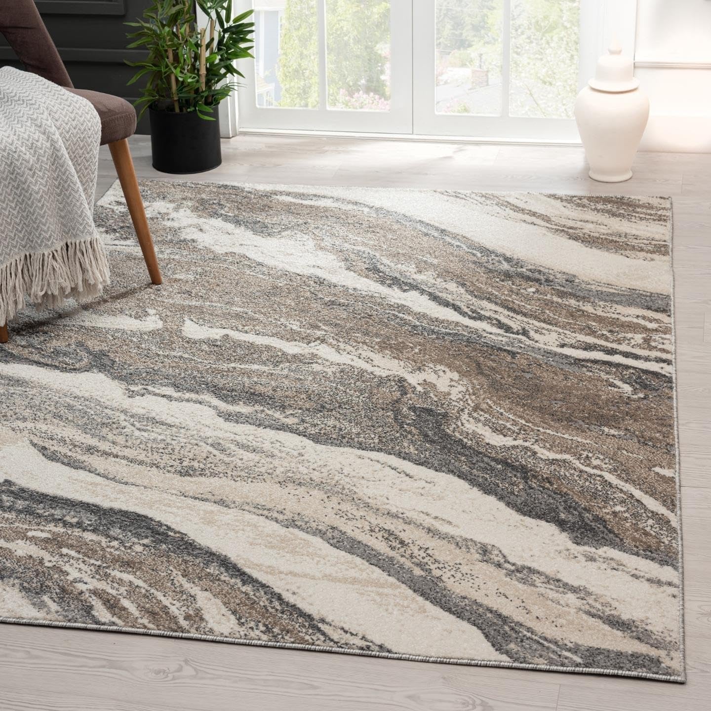 Abstract Art Deco Area Rug Grey 2X3 | Marble Swirl Pattern, Medium Pile, Living Room Carpet
