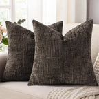 Textured Chenille Throw Pillow Covers 18X18 Set of 2 Dark Brown | Fall Modern Farmhouse Soft Cozy Slubby Couch Pillow Cases Boho Decorative Pillow Cases for Bed Sofa Living Room Home Decor