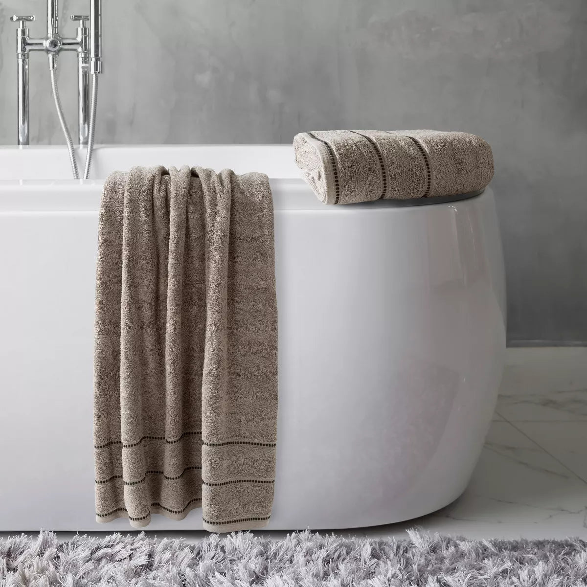 Hastings Home 2-Pc Luxury Cotton  Towel Set, Quick Dry, Zero-Twist Cotton - Taupe/Black