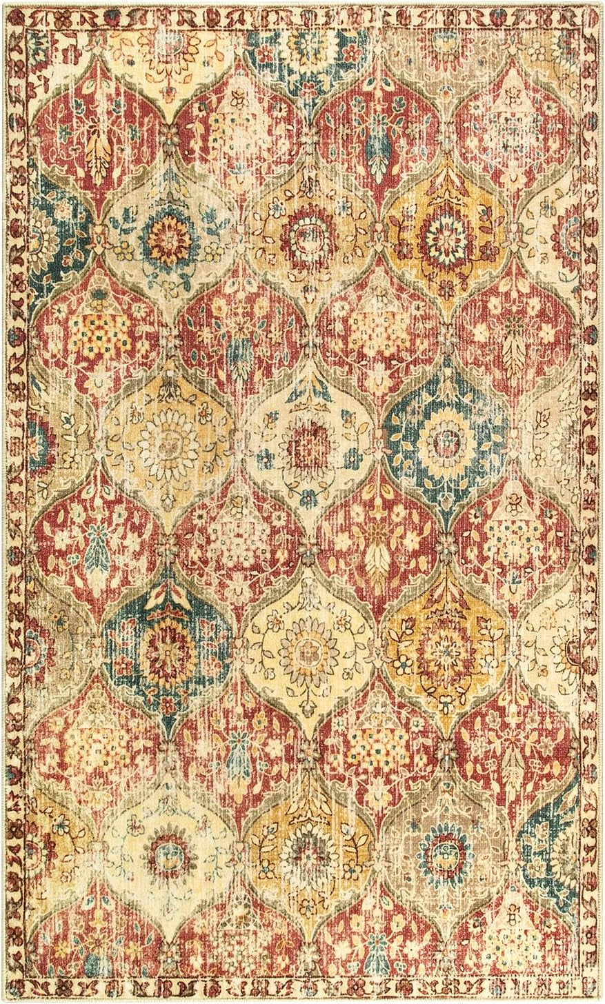 Moroccan Trellis Washable Small Area Rug, 3X5 Area Rug for Bedroom Living Room, Non-Slip Oriental Accent Throw Carpet for Kitchen Office Entryway Bathroom Office Elise, Red/Orange
