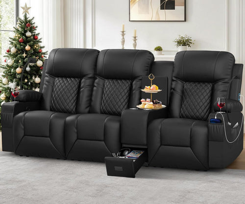 3 Seat Recliner Sofa, Large Reclining Sofa with Storage Console, Manual Reclining Chair with USB Ports, 2 Cell Phone Holder, 3 Seater Loveseat Recliner Couch for Living Room