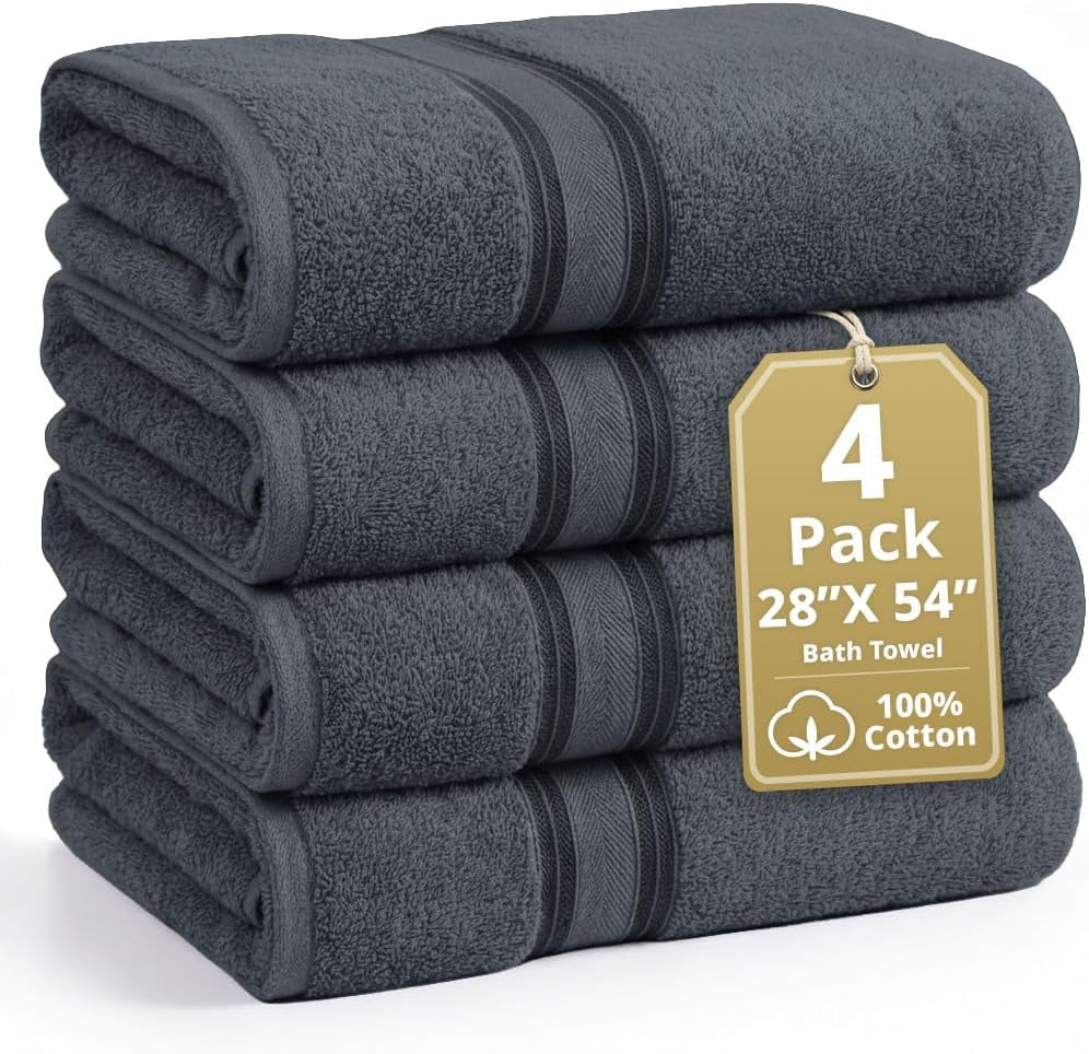 100% Cotton 4 Pack Bath Towels Set (28"X54") - Zero Twist, Large Cotton Towels for Bathroom - Quick Dry, Soft & Absorbent Bath Towel Set - Remains Soft after Multiple Washes - Cool Grey