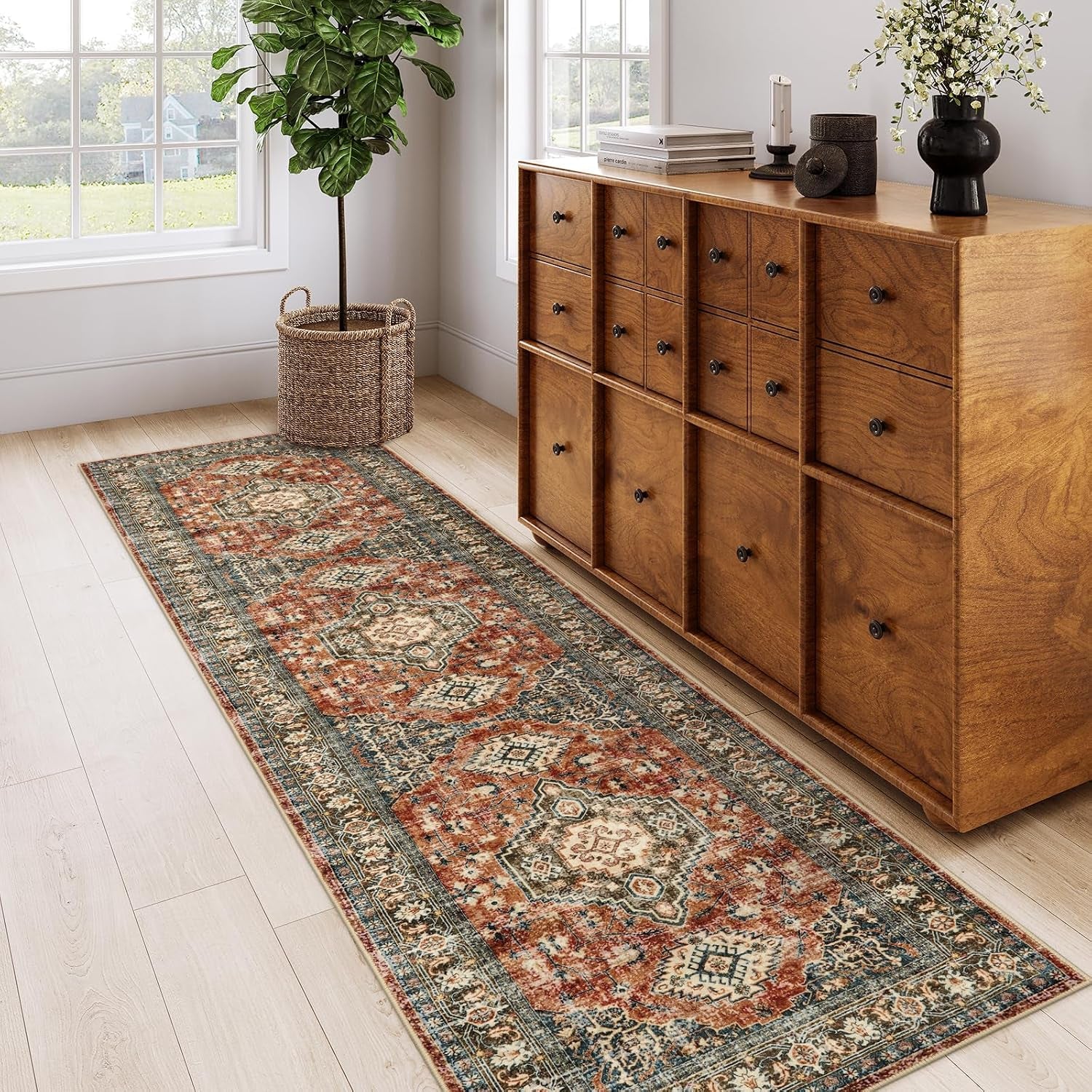 Oriental Hallway Runner Rug Non Slip, 2.5X8 Kitchen Washable Runner Soft Hallway Rug, Traditional Ultra-Thin Carpet for Bathroom Entryway ‎Laundry Room Eleanor, Brick Red