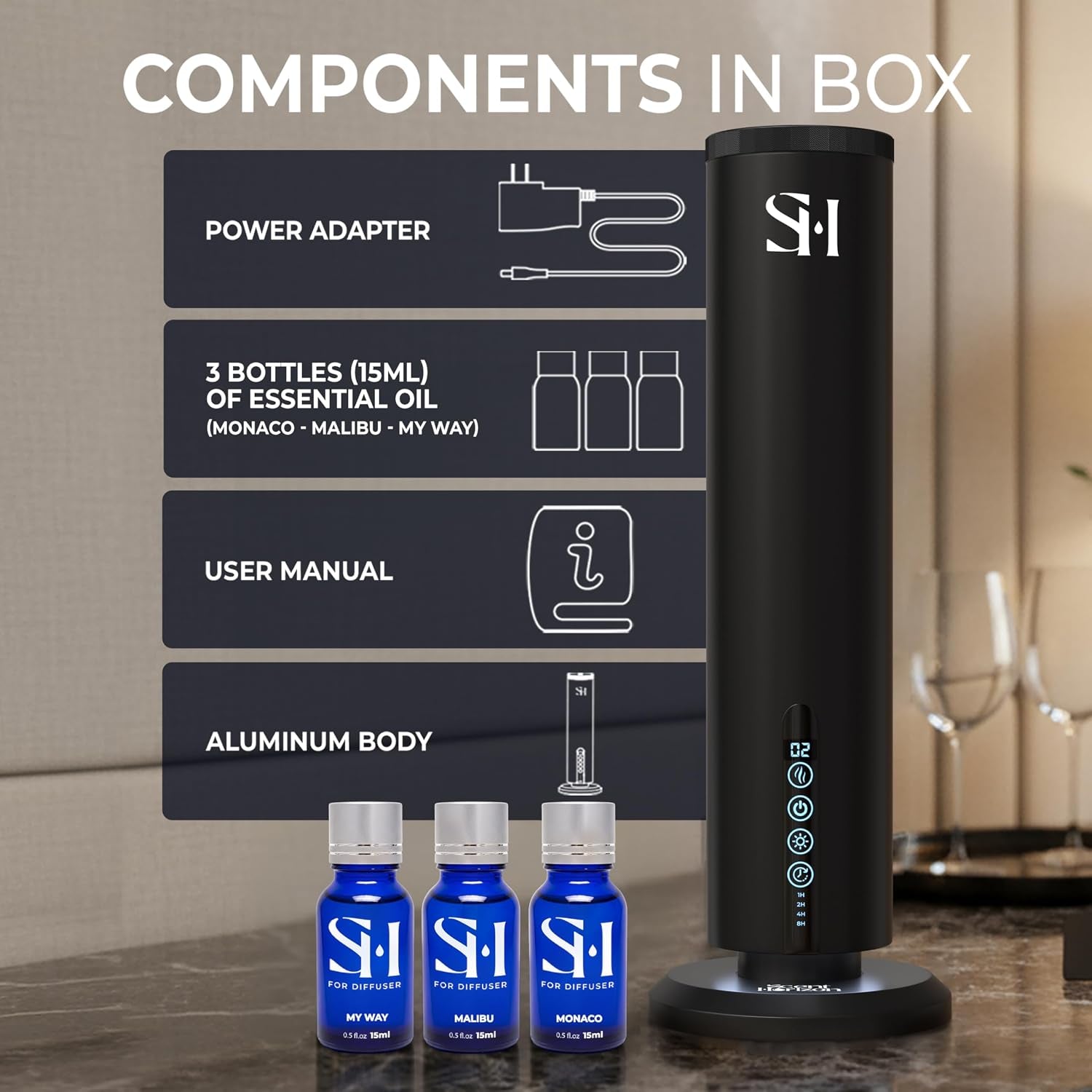 Rechargeable Waterless Diffuser, 1100 Sqft, Set 3 Diffuser Oil | All-Day Battery, No Outlets Needed – Coldair, Tower Silent, Auto Shut-Off, Night Light, Take It Anywhere, Set Hotel Oil