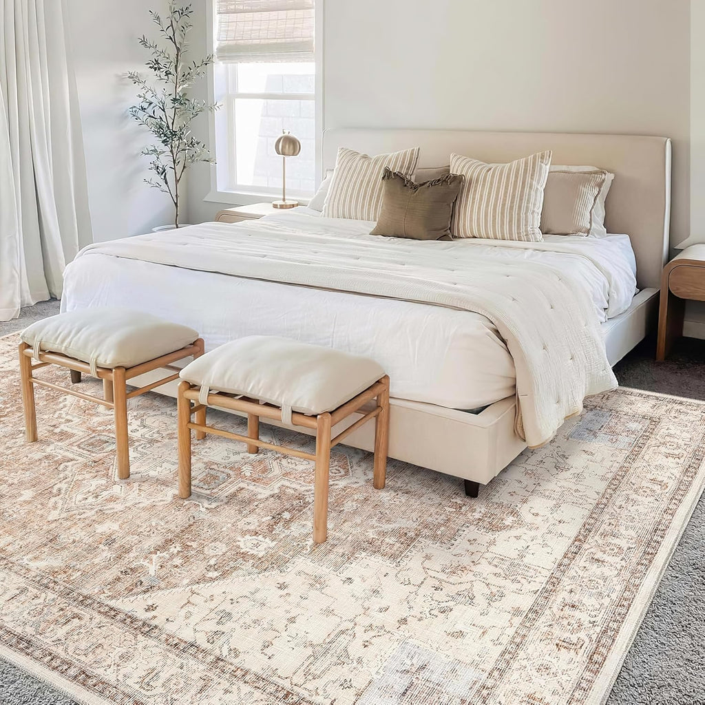Boho Farmhouse Bedroom Rug 6X9 Washable Easy Clean Stain Resistant Vintage Country Rustic Neutral Earth Tone Area Rug for Dining Room under Table, Light Tan Brown Beige with Rust Terracotta Pattern