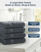 100% Cotton 4 Pack Bath Towels Set (28"X54") - Zero Twist, Large Cotton Towels for Bathroom - Quick Dry, Soft & Absorbent Bath Towel Set - Remains Soft after Multiple Washes - Cool Grey