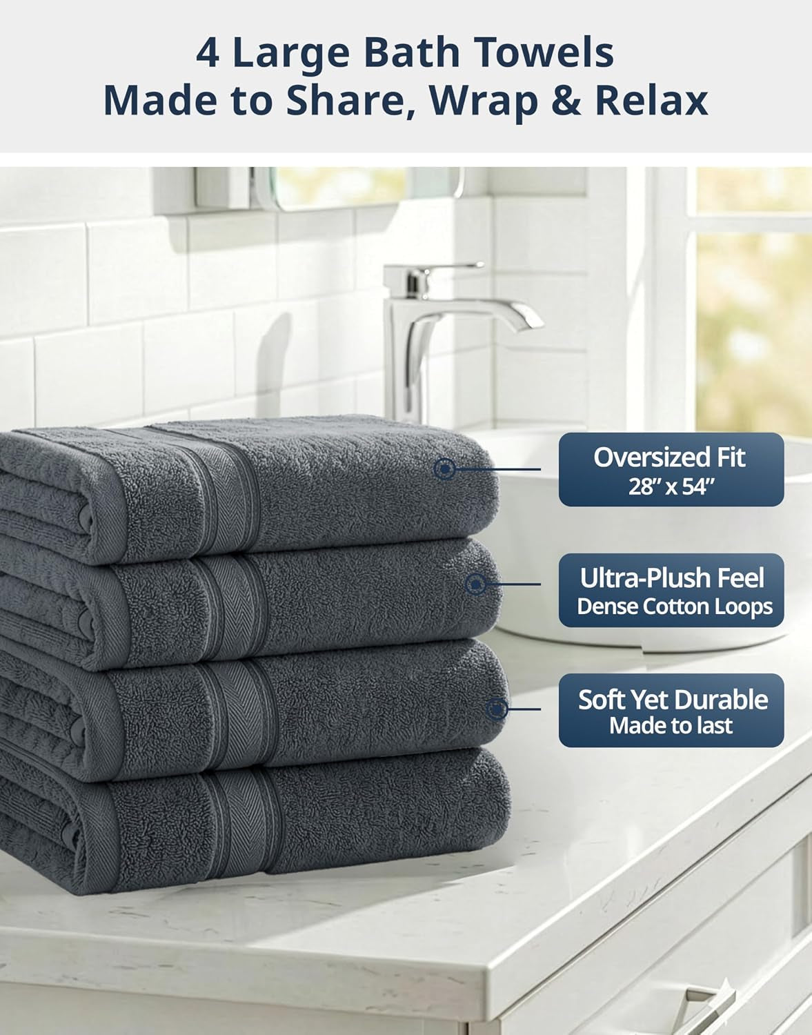 100% Cotton 4 Pack Bath Towels Set (28"X54") - Zero Twist, Large Cotton Towels for Bathroom - Quick Dry, Soft & Absorbent Bath Towel Set - Remains Soft after Multiple Washes - Cool Grey