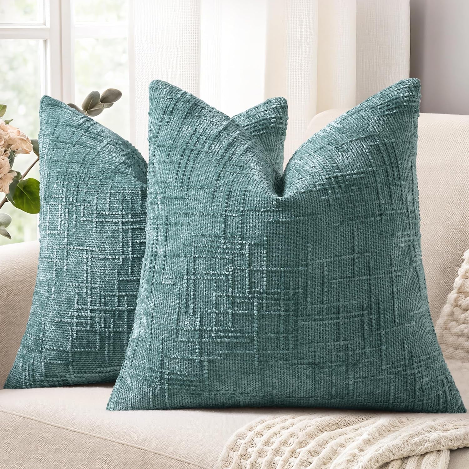 Textured Chenille Throw Pillow Covers 18X18 Set of 2 Teal | Fall Modern Farmhouse Soft Cozy Slubby Couch Pillow Cases Boho Decorative Pillow Cases for Bed Sofa Living Room Home Decor