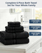 Luxury Bath Towels Set - 6 Piece Set, 100% Cotton Bathroom Towels, Zero Twist, Quick Dry Shower Towels, Absorbent Bath Towel, Super Soft, 2 Bath Towels, 2 Hand Towels, 2 Wash Cloths - Black