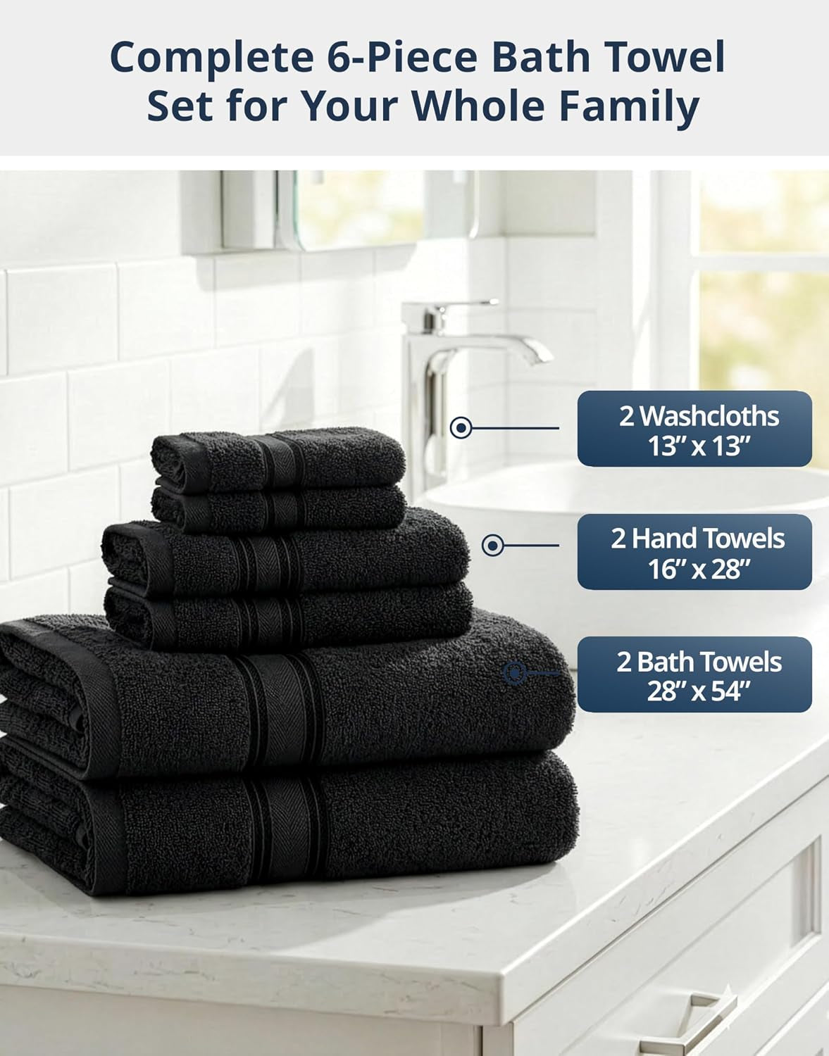 Luxury Bath Towels Set - 6 Piece Set, 100% Cotton Bathroom Towels, Zero Twist, Quick Dry Shower Towels, Absorbent Bath Towel, Super Soft, 2 Bath Towels, 2 Hand Towels, 2 Wash Cloths - Black